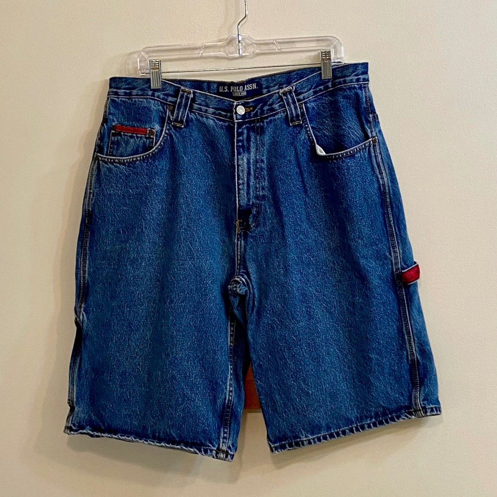 U.S. Polo Assn Carpenter Denim Shorts Mens 36 Blue Hammer Loop Logo Baggy Y2K